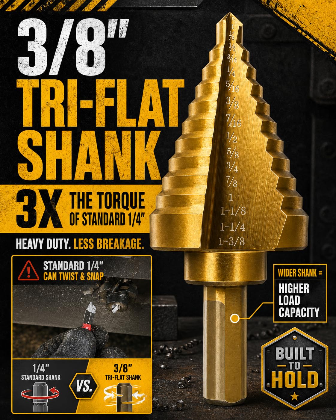 HSS Step Drill Bit for Metal, 3/8" Tri-Shank, 10 Steps from 1/4" to 1-3/8"