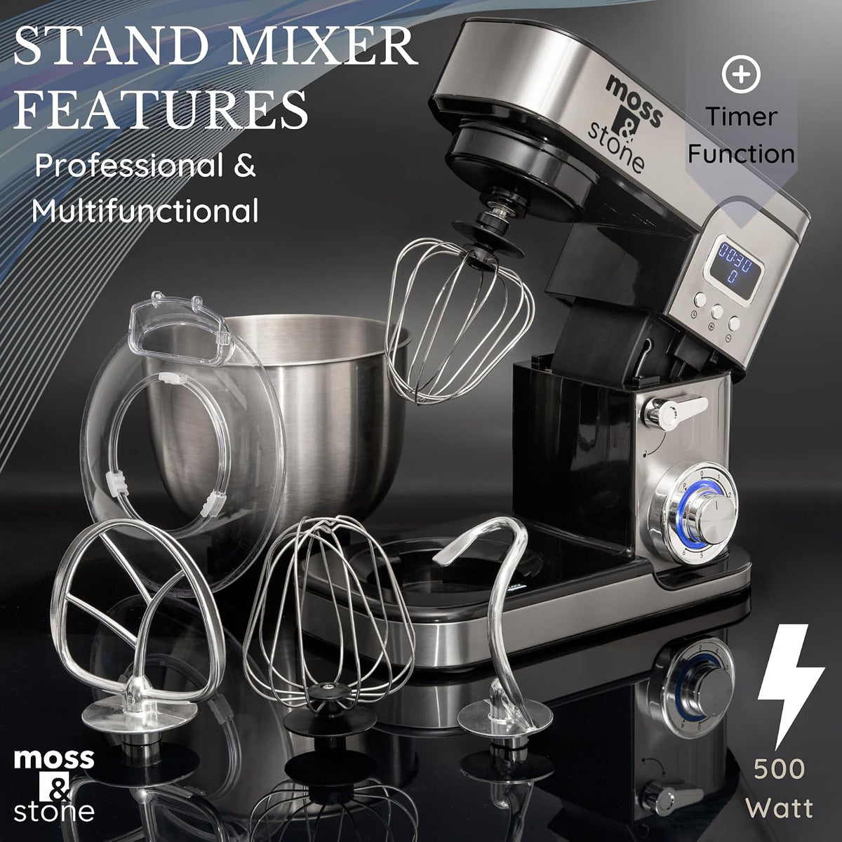 Stand Mixer With Lcd Display, 6 Speed Electric Mixer With 5.5 Quart Stainless Steel Mixing Bowl, Kitchen Mixer With