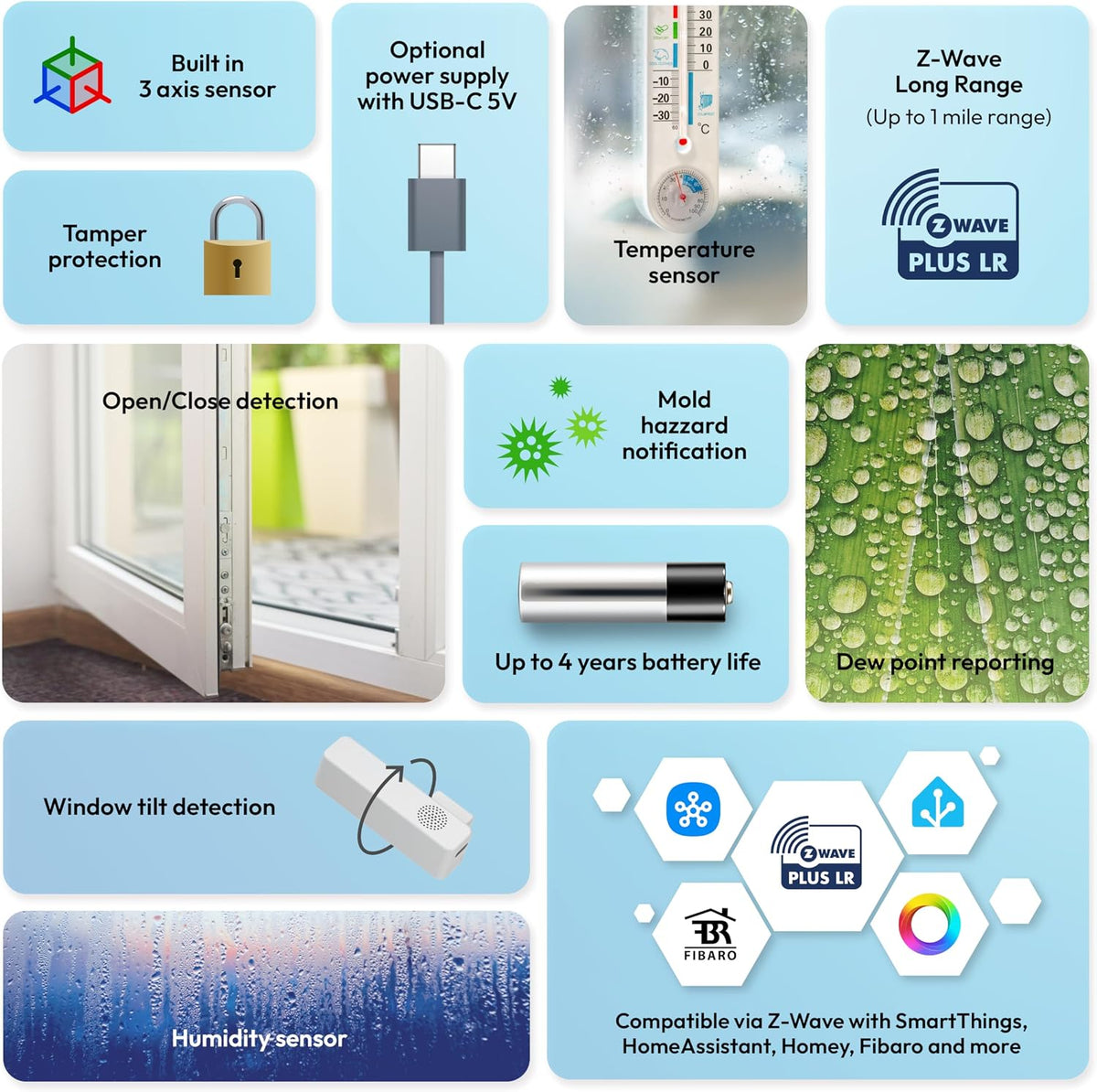 Door Window Sensor 8 - Z-Wave Long Range, Open/Close, Temperature & Humidity, 3 Axis Sensor, Mold Hazard Function