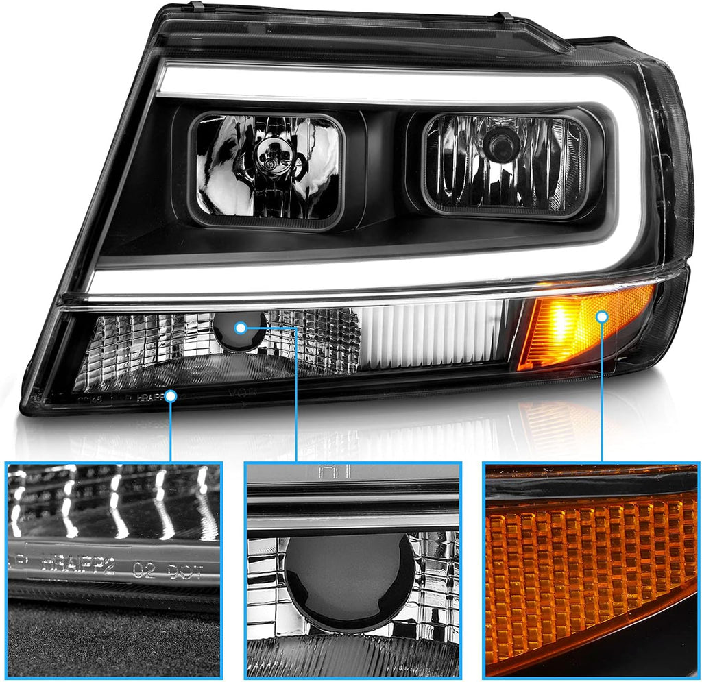 AmeriLite for 1999-2004 Jeep Grand Cherokee LED Light Bar Clear Black Replacement Headlights Set - Driver and Passenger Side