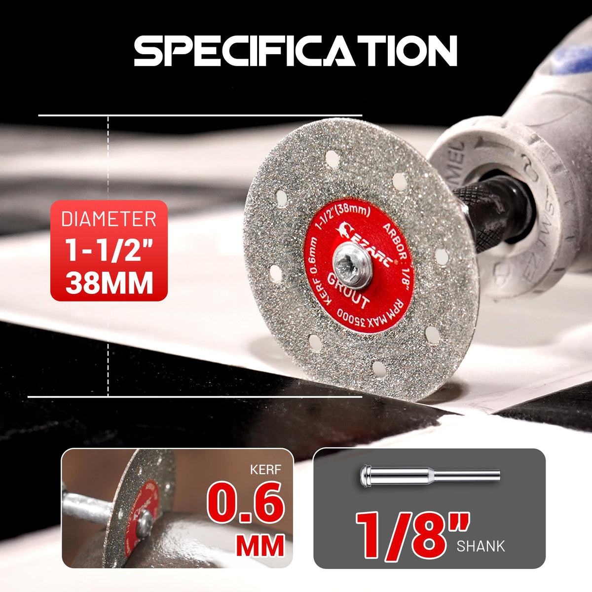 EZARC 1-1/2 Diamond Tile Cutting Wheels with Mandrel, 0.6mm Kerf, 3-Pack