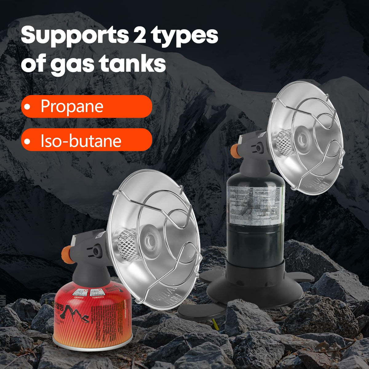 Portable 1 lb Propane & Iso-Butane Heater, Dual Fuel Camping Heater for Tent, Self Ignite & Tip-over protection Base