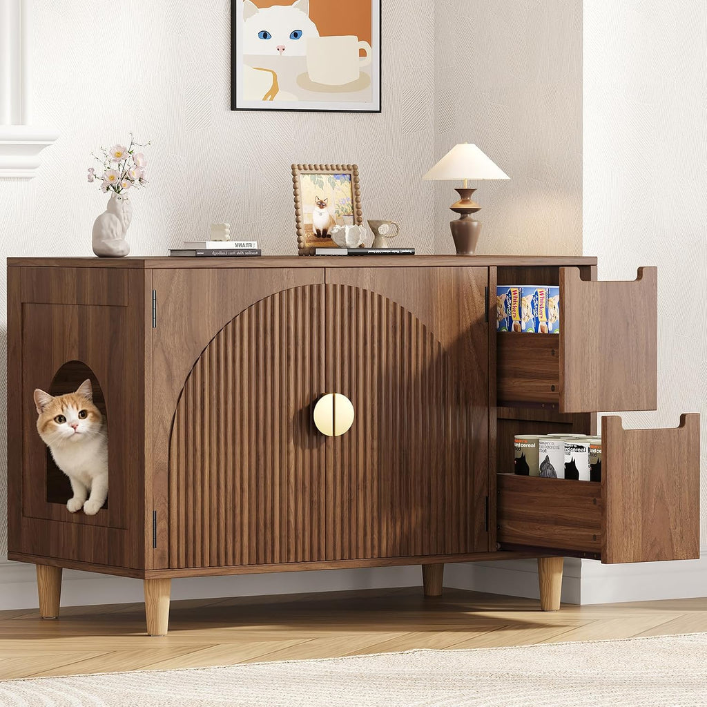 35.4" Wooden Fluted Cat Litter Box Enclosure with 2 Layer Drawers