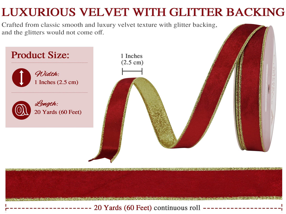 1 inch Red Velvet Christmas Wired Ribbon Continuous 20 Yards