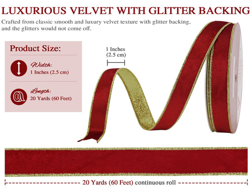 1 inch Red Velvet Christmas Wired Ribbon Continuous 20 Yards