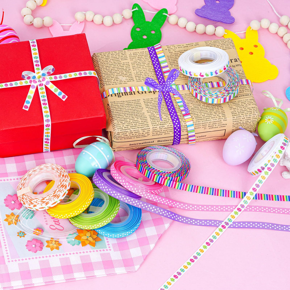 10 Rolls Easter Grosgrain Ribbon, 100 Yards 3/8 inch Easter Spring Bunny Eggs Carrot Stripe Rainbow Polka Dot Rabbit