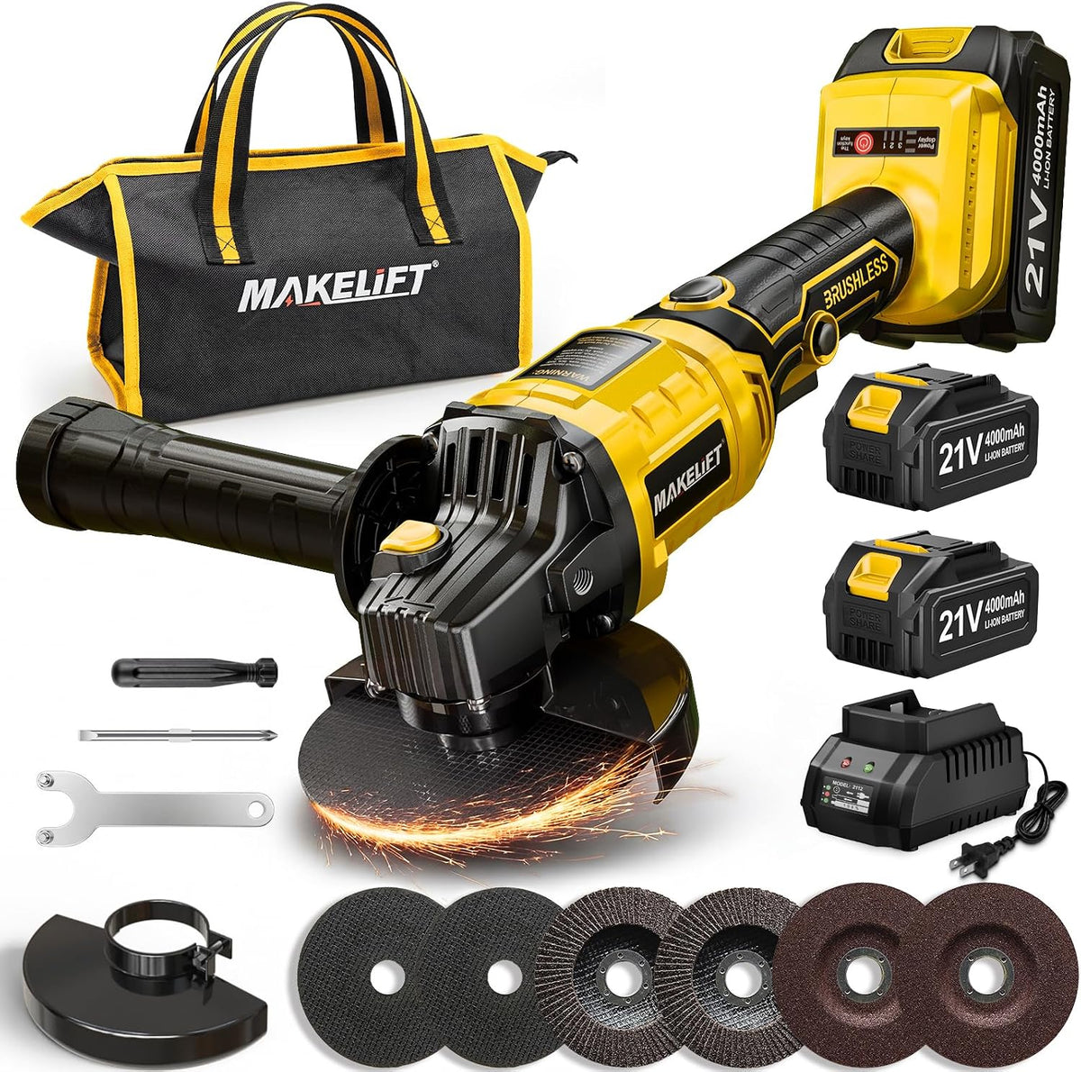 Cordless Angle Grinder, 4-1/2" 10000RPM Cut Off Tool with 2×4.0Ah Batteries | Cordless Grinder, 4-1/2" Disc