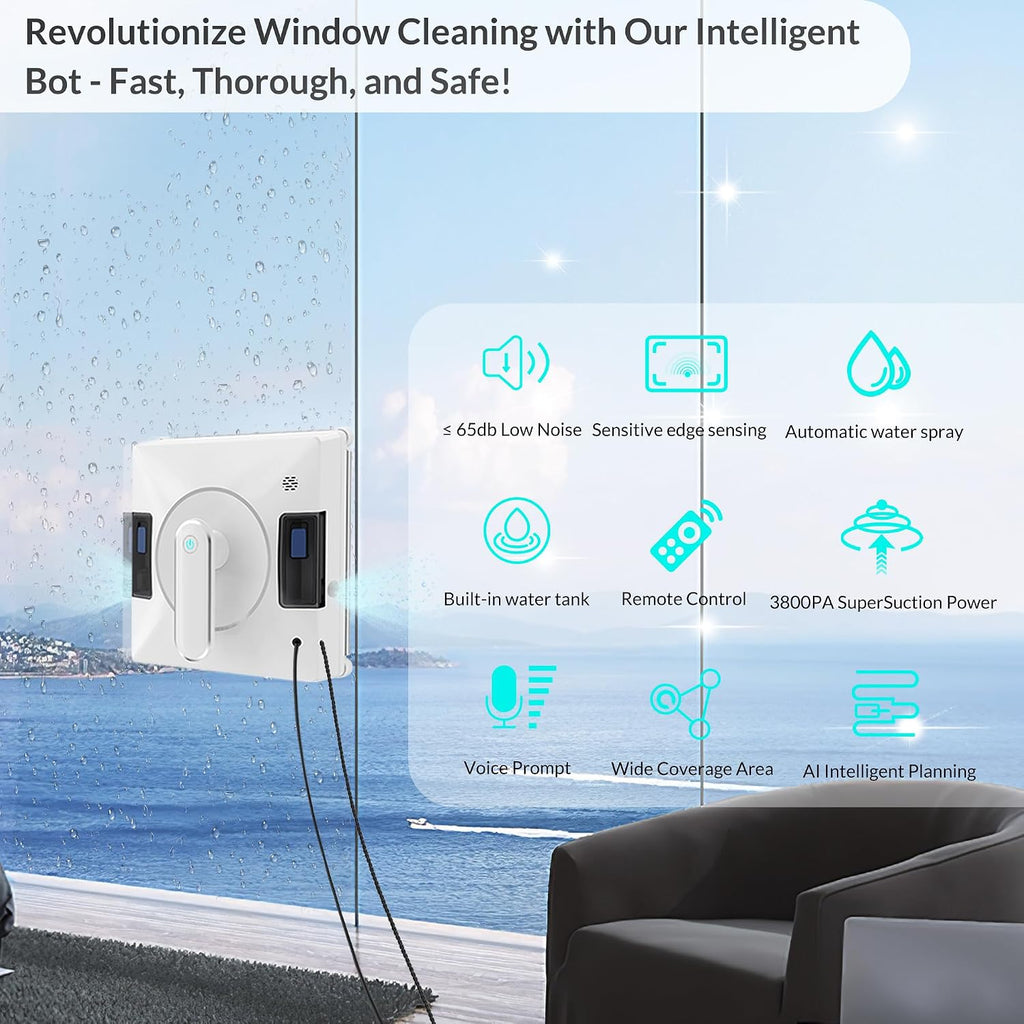 Smart Window Cleaning Robot With Dual Water Spray,3800pa Suction, Multiple Anti - Fall Protection,AI Path