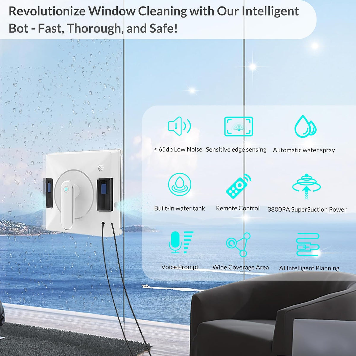 Smart Window Cleaning Robot With Dual Water Spray,3800pa Suction, Multiple Anti - Fall Protection,AI Path