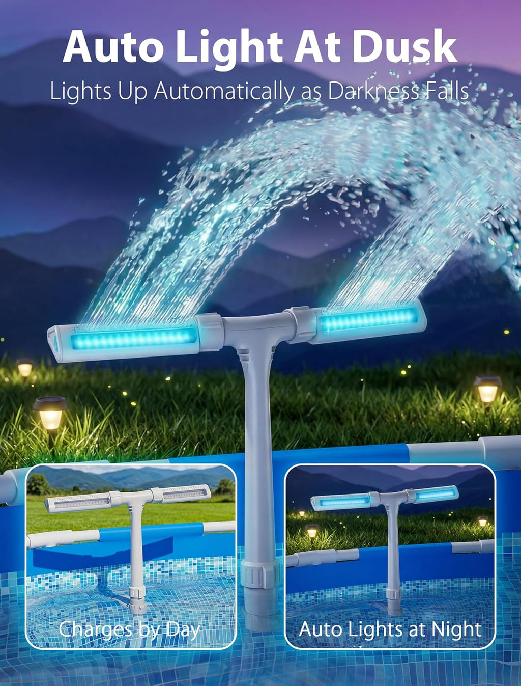 Solar Pool Fountain with Lights for Above & Inground Pools, White | Auto Light-Sensing, 10-Color 4-Modes LED Lights