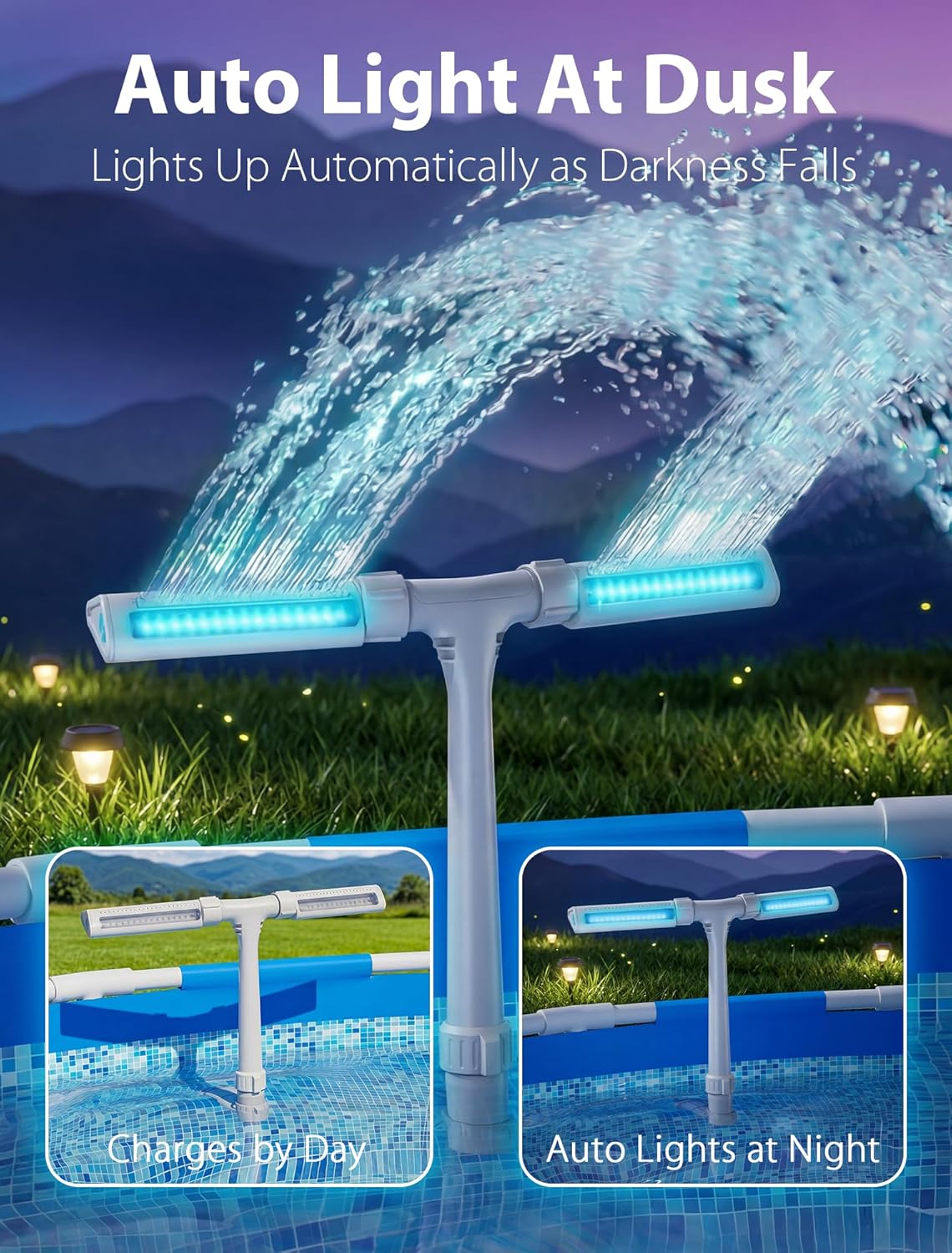 Solar Pool Fountain with Lights for Above & Inground Pools, White | Auto Light-Sensing, 10-Color 4-Modes LED Lights