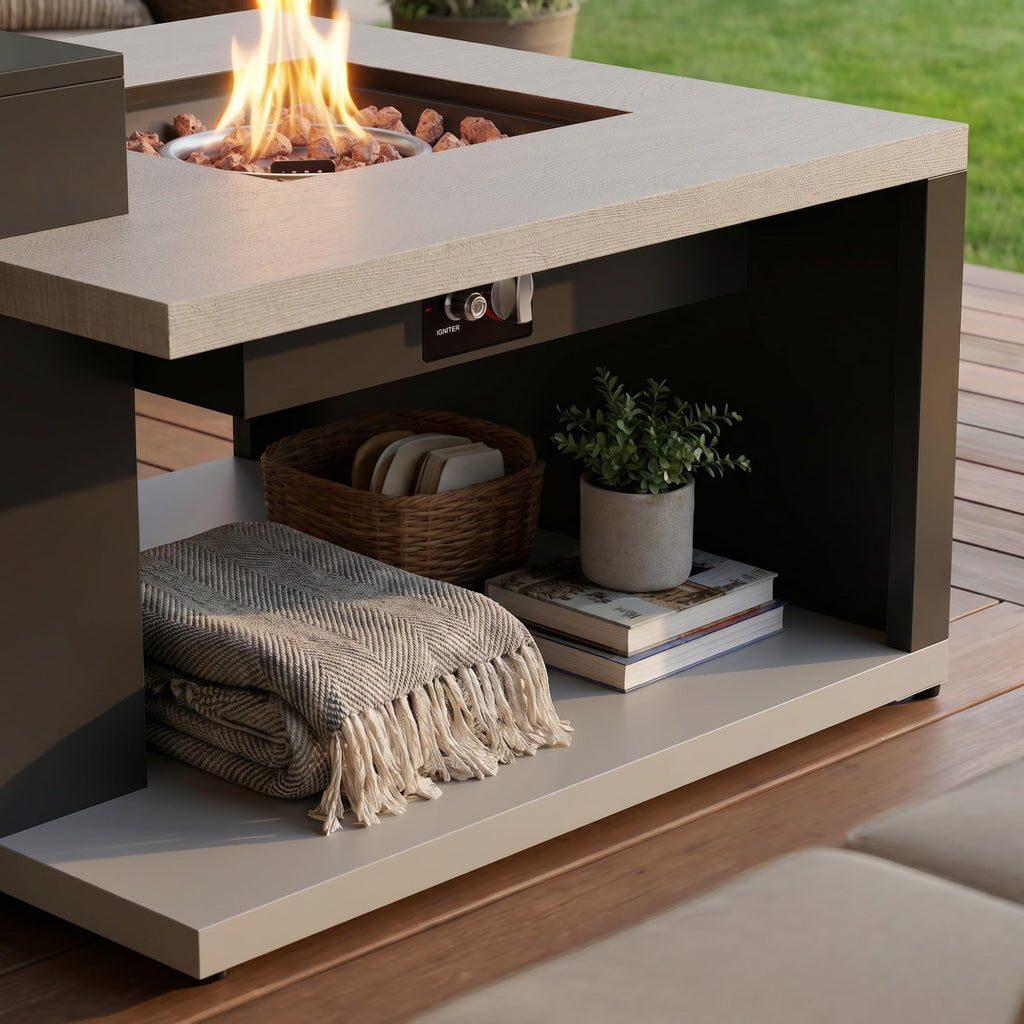 Rectangular Outdoor Fire Table with Propane Tank Cabinet, 50000BTU Aluminum Alloy Fire Pit Table for Patio Grey &
