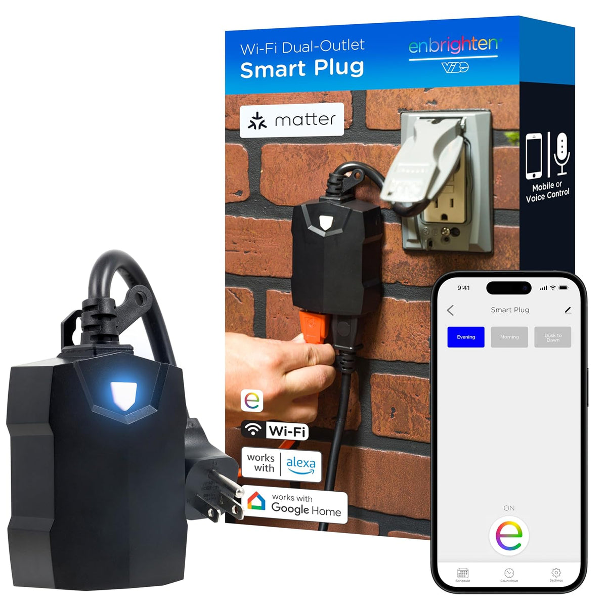 Matter Outdoor Smart Plug, 2 Individual Grounded Outlets, Black | Matter Compatible, Weatherproof, Independently