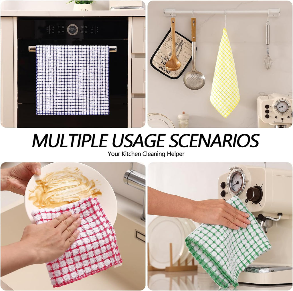 Kitchen Towels and Dishcloths Set, Set of 8, Blue/Yellow/Red/Green | Cotton Terry Kitchen Dish Towels, Super Soft and