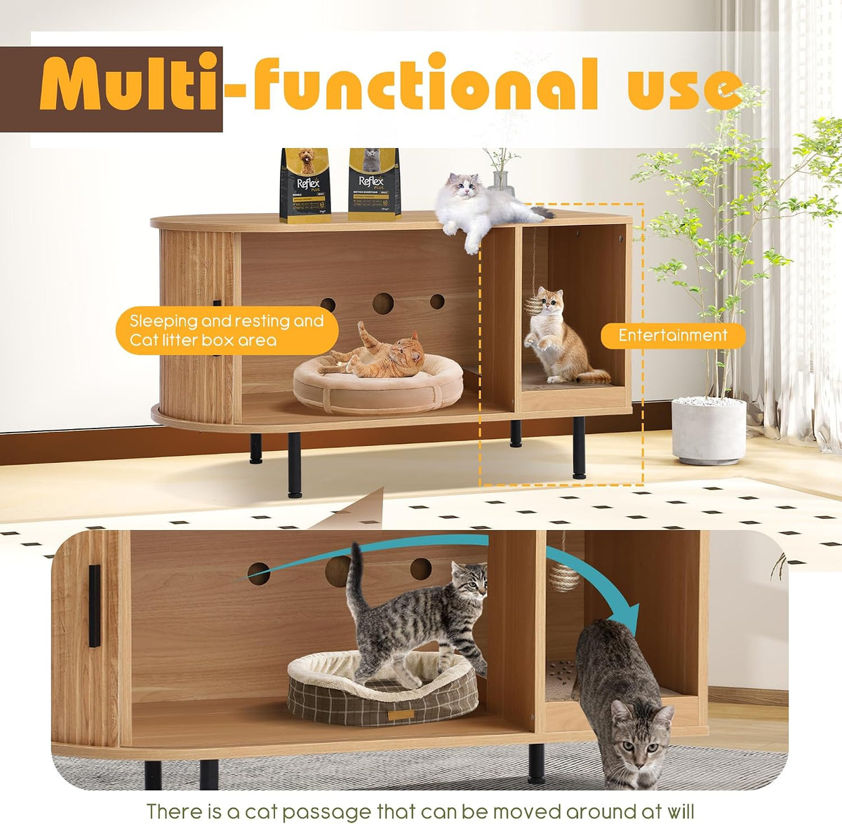 Fluted Cat Litter Box Enclosure with Sliding Door, Scratching Pad