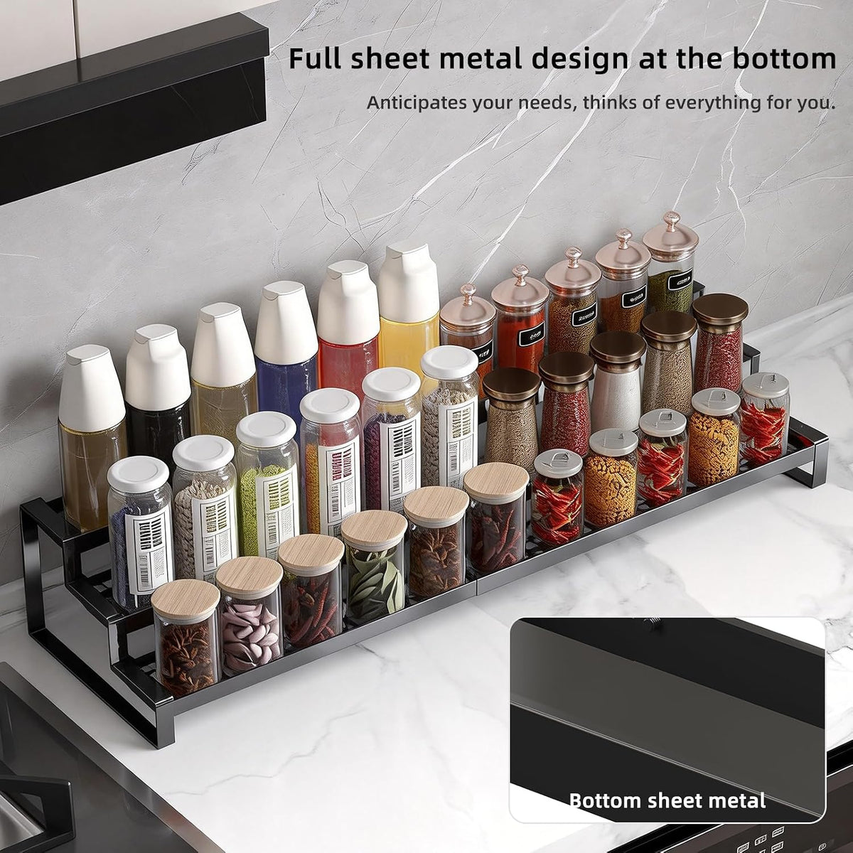 3 Tier Expandable Spice Rack Organizer, Heavy-Duty Black Metal Seasoning Organization Shelf for Cabinet, Kitchen &