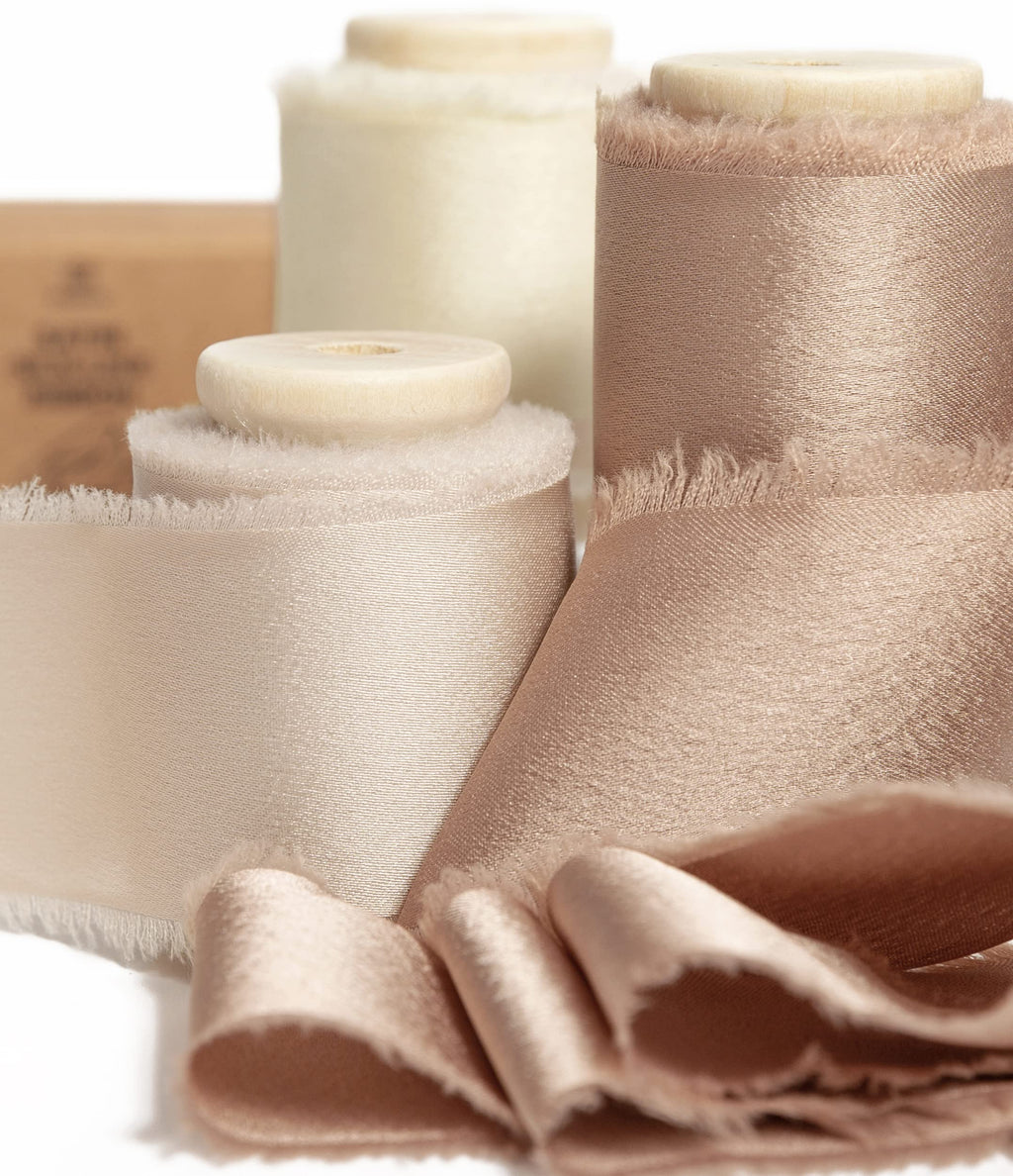 Silk Satin Ribbon 1-1/2 inch x 15 Yard with Wooden Spool Champagne & Nude Handmade Frayed Ribbons for Gift Wrapping