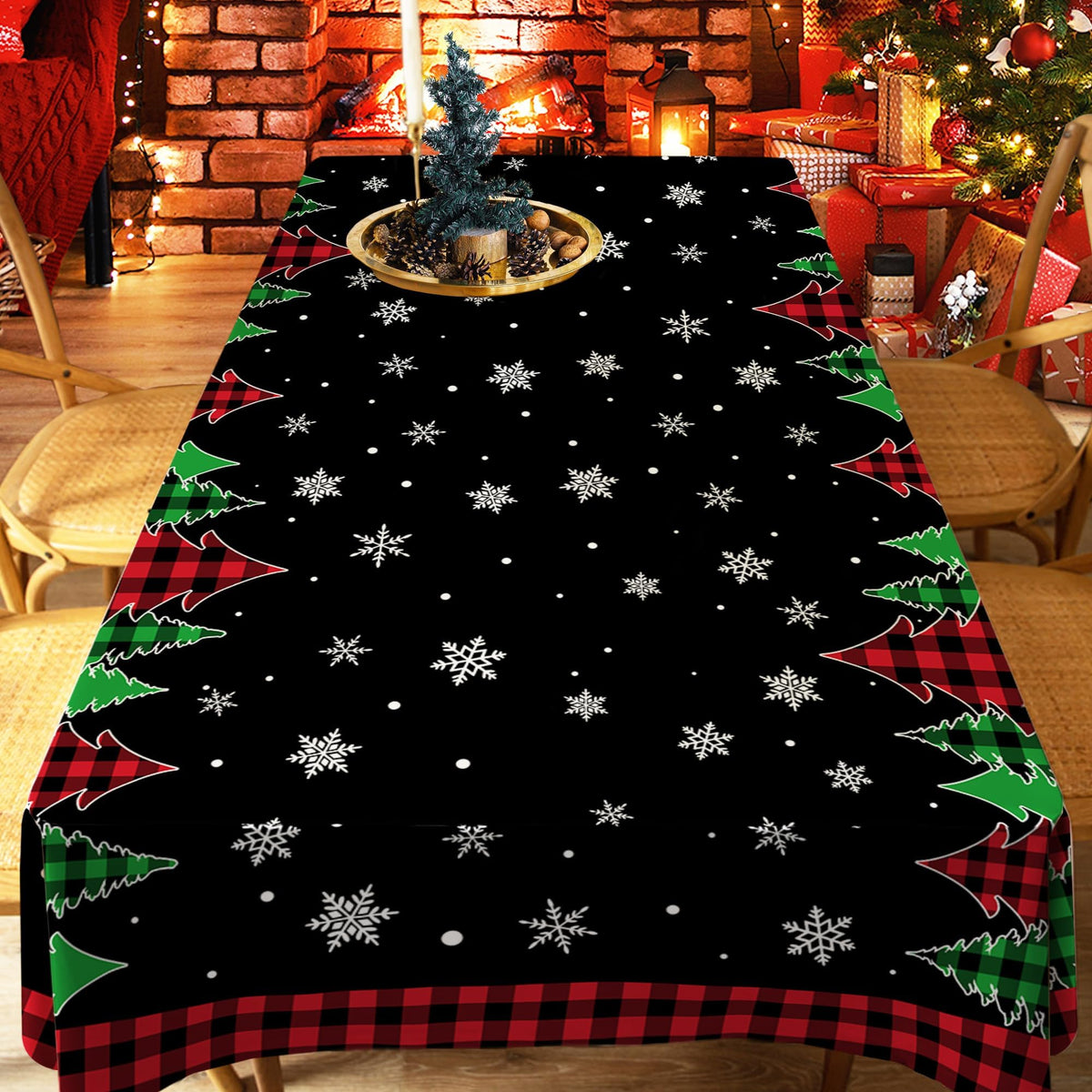 Christmas Tablecloth 60 x 84 Inch, Christmas Trees Table Cloth Rectangular, Black Buffalo Plaid Oblong Winter Xmas