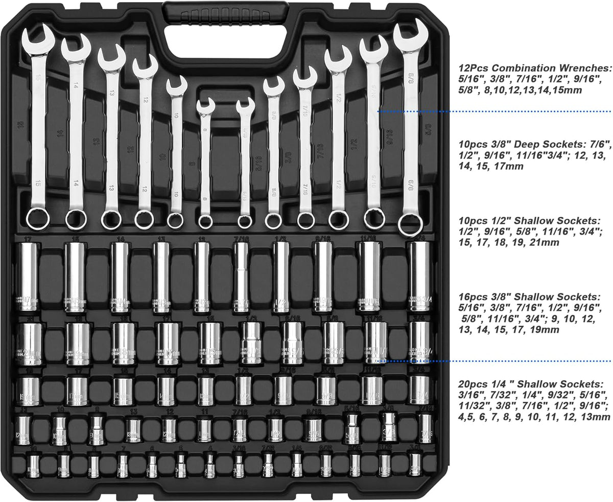 240-Piece Mechanics Tool Set, General Assorted SAE/Metric Sockets and Wrenches Automotive Repair Tool Kit with