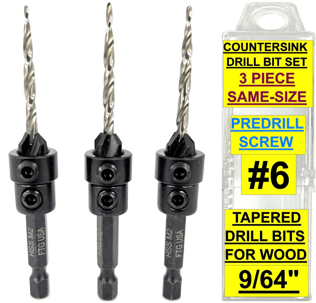 FTG USA 3 Pc #6 (9/64") Countersink Drill Bit Set with Tapered Drill Bits