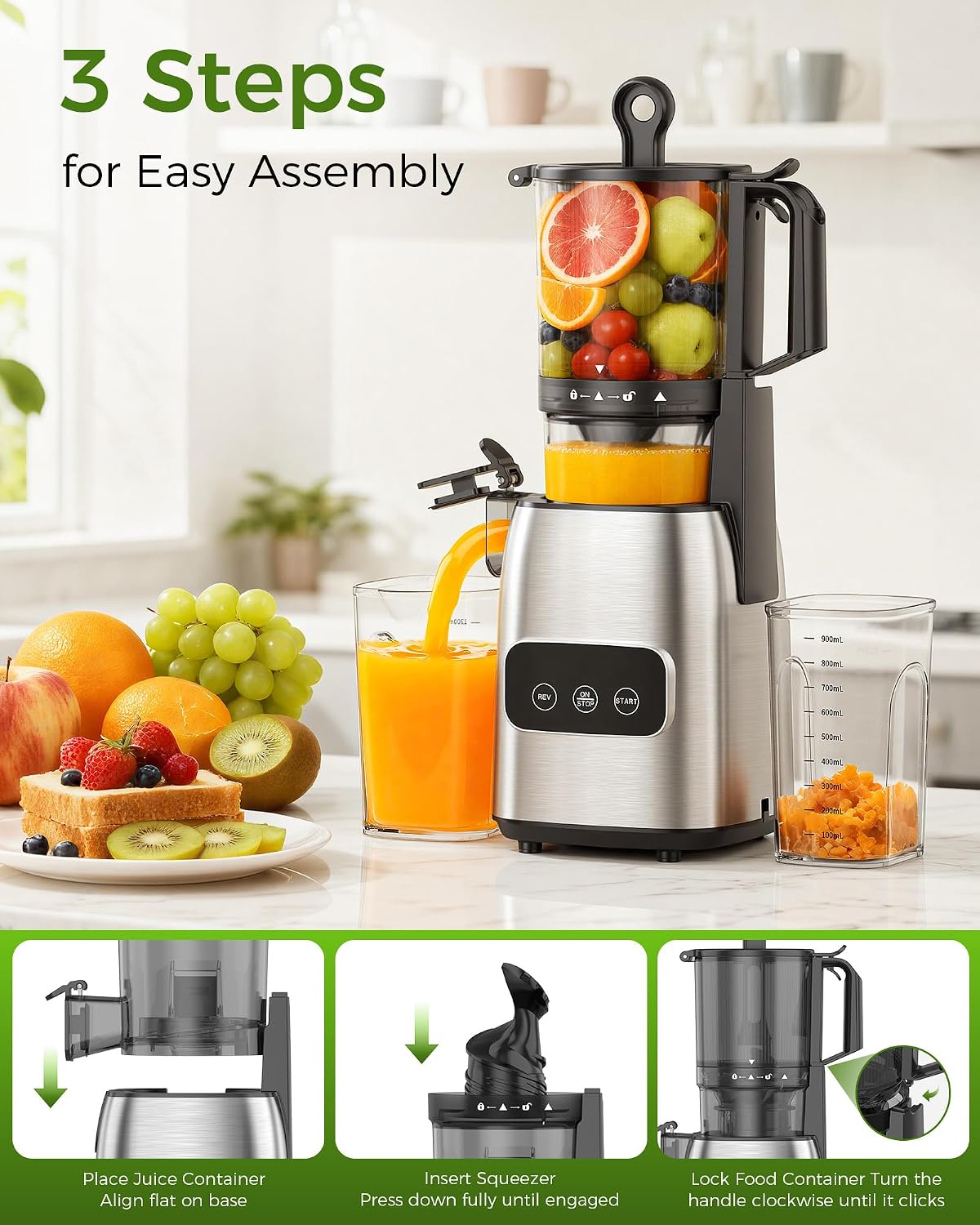Cold Press Juicer, Advanced Touch Controls Juicer Machines with 5.4" Wide Feed Chute, Quiet Motor High Juice Yield