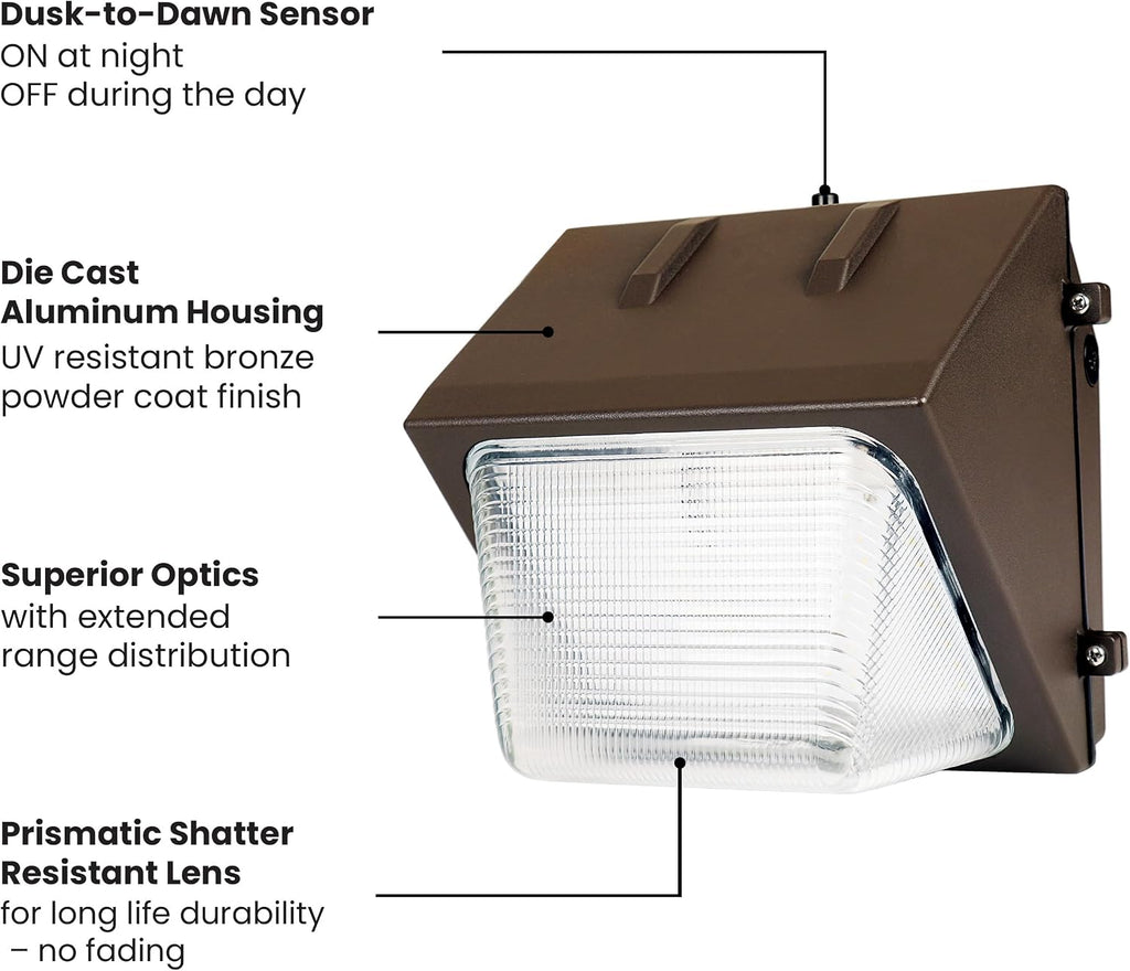 Feit Electric Commercial LED Wall Pack Security Light, 4000 Lumens, Dusk-to-Dawn Photocell Sensor, Shatter-Resistant Lens, Hardwired Outdoor Flood Light, 50,000-Hour Lifetime, S8.8CWPK/840/BZ
