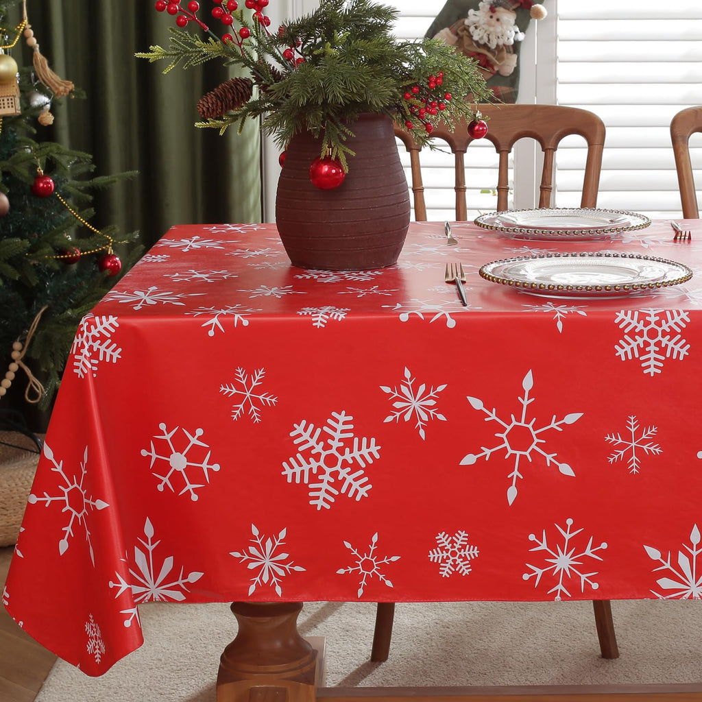 Christmas Red Table Cloth, Snowflake Print, Flannel Backed Vinyl Tablecloth for Rectangle Tables, Waterproof PVC