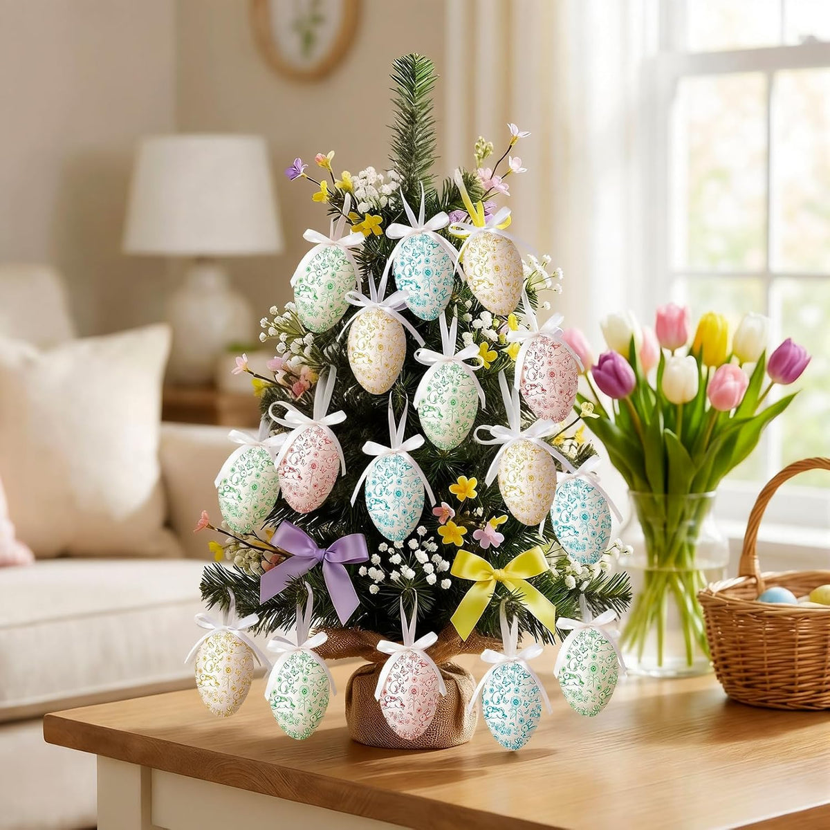 24 Pcs Easter Eggs Hanging Ornaments, Colorful Foam Easter Hanging Eggs Decorations with Bow Bunny and Floral Designs