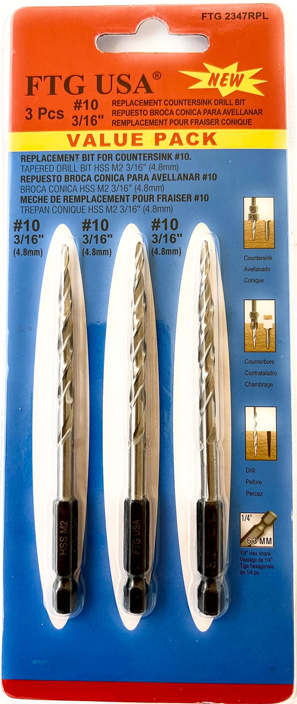 FTG USA 3 Pc #10 3/16" Replacement Tapered Drill Bit Only All Same Size Set