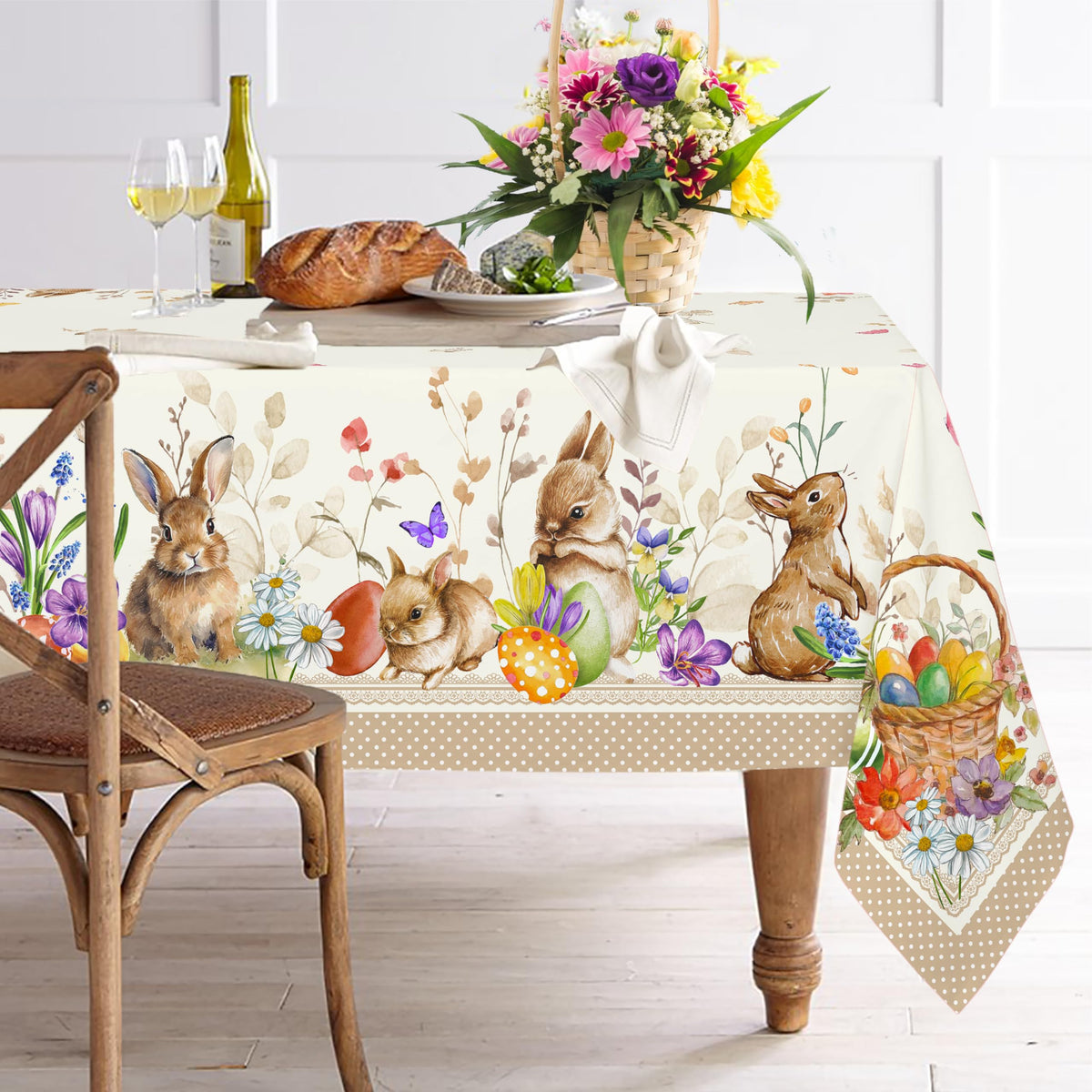 Rectangular Easter Tablecloth 60x120Inch, Spring Floral and Bunny Easter Egg Watercolor Tablecloth, Waterproof