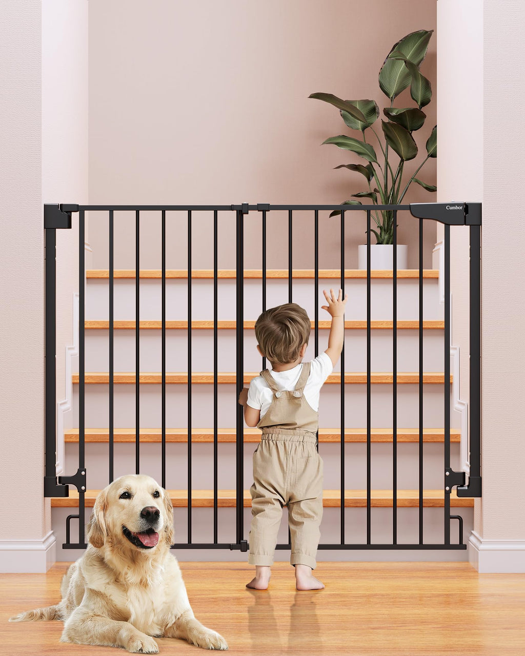 34" x 29.2-43" Extra-Tall Adjustable Hardware/Pressure-Mounted Pet & Child Safety Gate with Dual-Lock Walk-Through Swing Door for Stairs, Hallways & Wide Doorways — Black