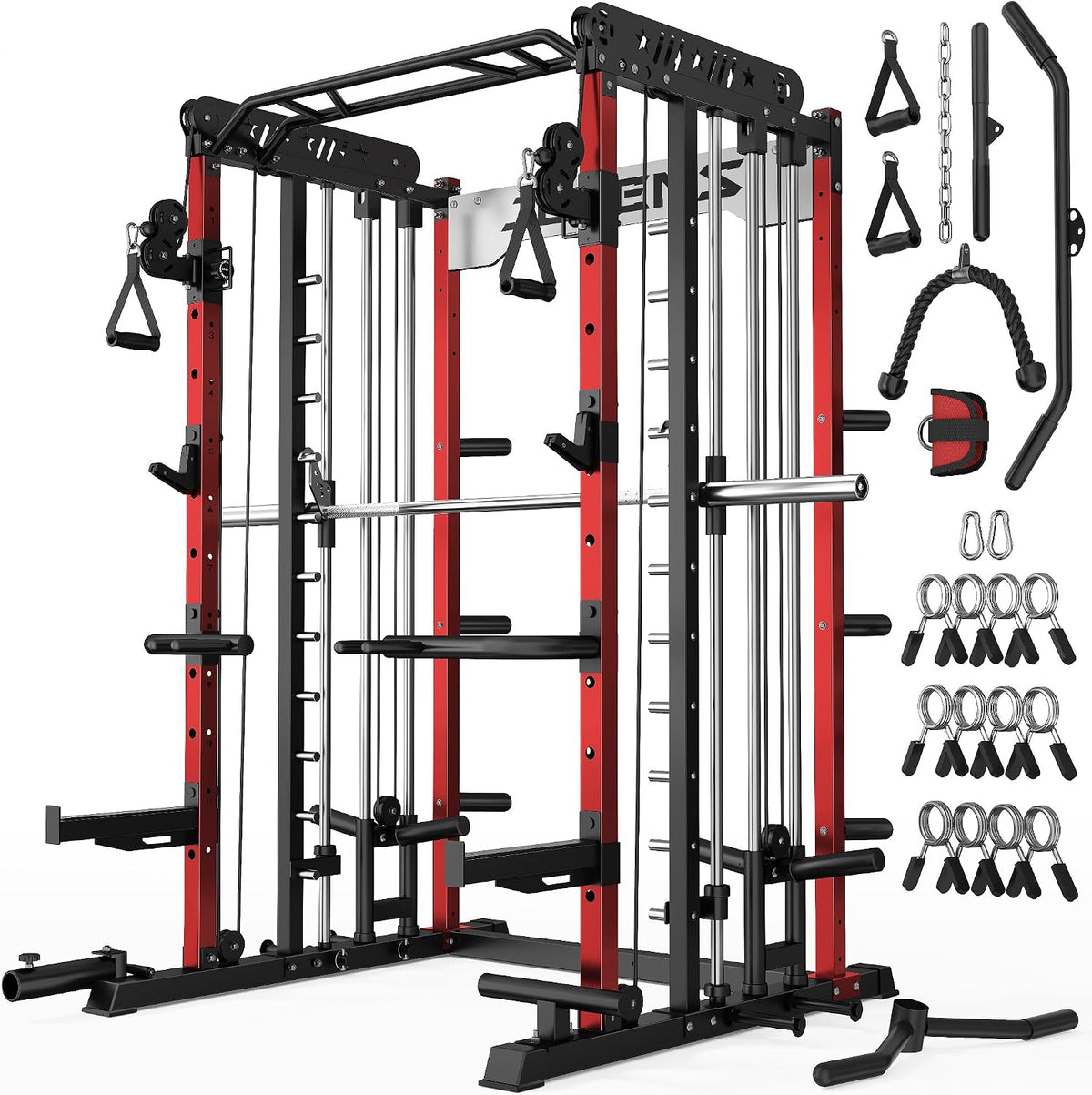 Smith Machine for Home Gym, Multi-Function M12 Power Cage with Cable Crossover System, Squat Rack with Smith Bar and