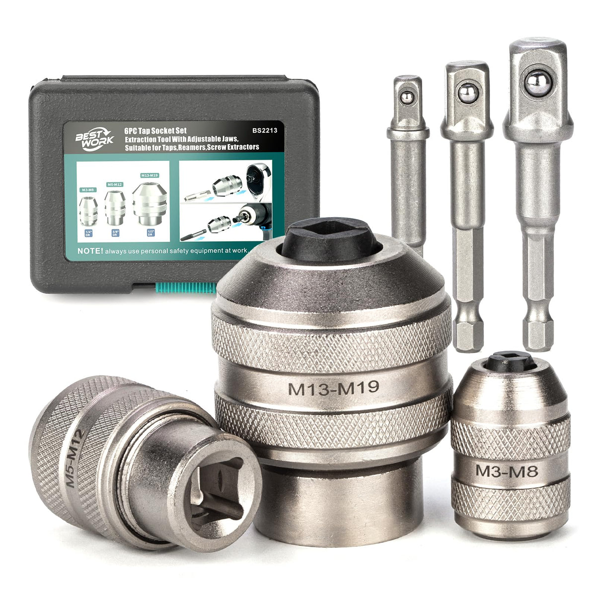 Bestwork 6pcs Adjustable Tap Socket Set, 1/4", 3/8", 1/2" Drive Tap Socket