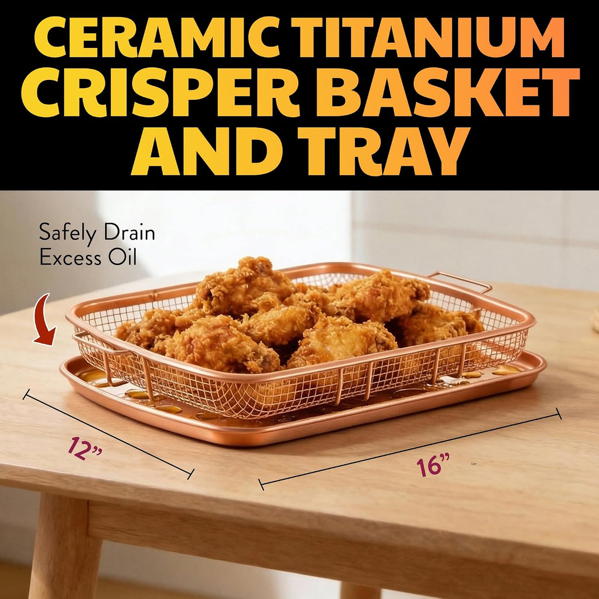 Air Fryer Basket for Oven - 16.5” x 12.5” | Oven Air Fry Tray for Fries, Wings & Bacon, Non Stick Ceramic Coating