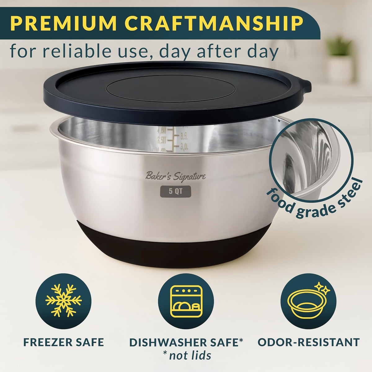 Stainless Steel Mixing Bowls with Lids Set, 5 Sizes, 3 Graters, Non-Slip Base, Airtight Lids, Metal Mixing Bowls for