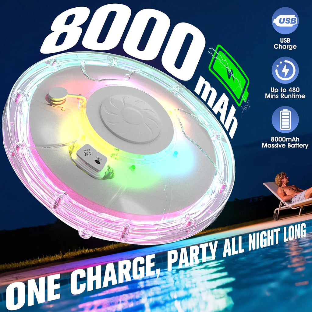 Pool Fountain with Light,Upgraded Rechargeable Floating Pool Fountain Pumps | 8000mAh Battery,6 Light Modes,2 Spray