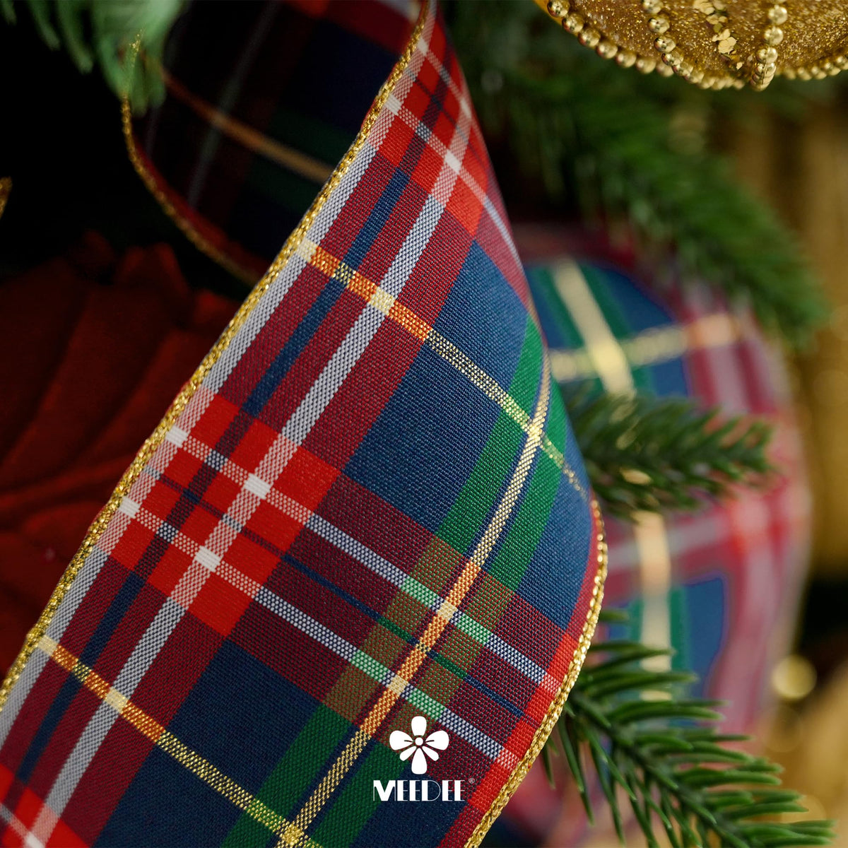 Tartan Plaid Wired Ribbon 2-1/2" Wide with 25 Yards Red Crimson & Navy Blue Scottish Plaid with Metallic Threads