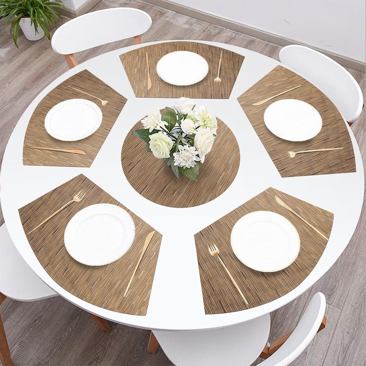 Small Round Table Placemats Set of 5 Woven Vinyl Wedge Placemats with Centerpiece Round Table Mats Heat Resistant