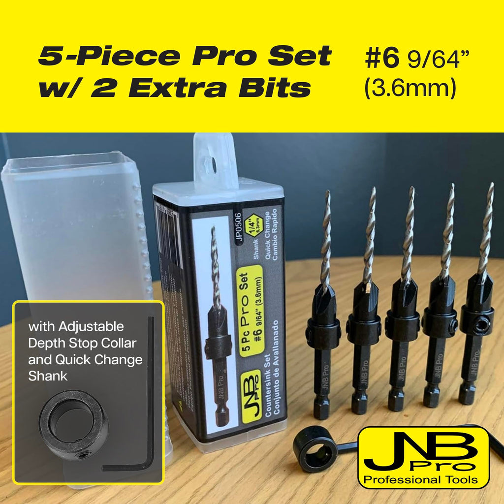 JNB Pro Countersink Drill Bit Set – 5pc Self-Centering Woodworking Bits with 4 Flutes, M2 HSS Material, 1/4" Hex Change, Depth Collar, Includes 2 Free Tapered Bits for Precision Drilling – #6 (9/64")