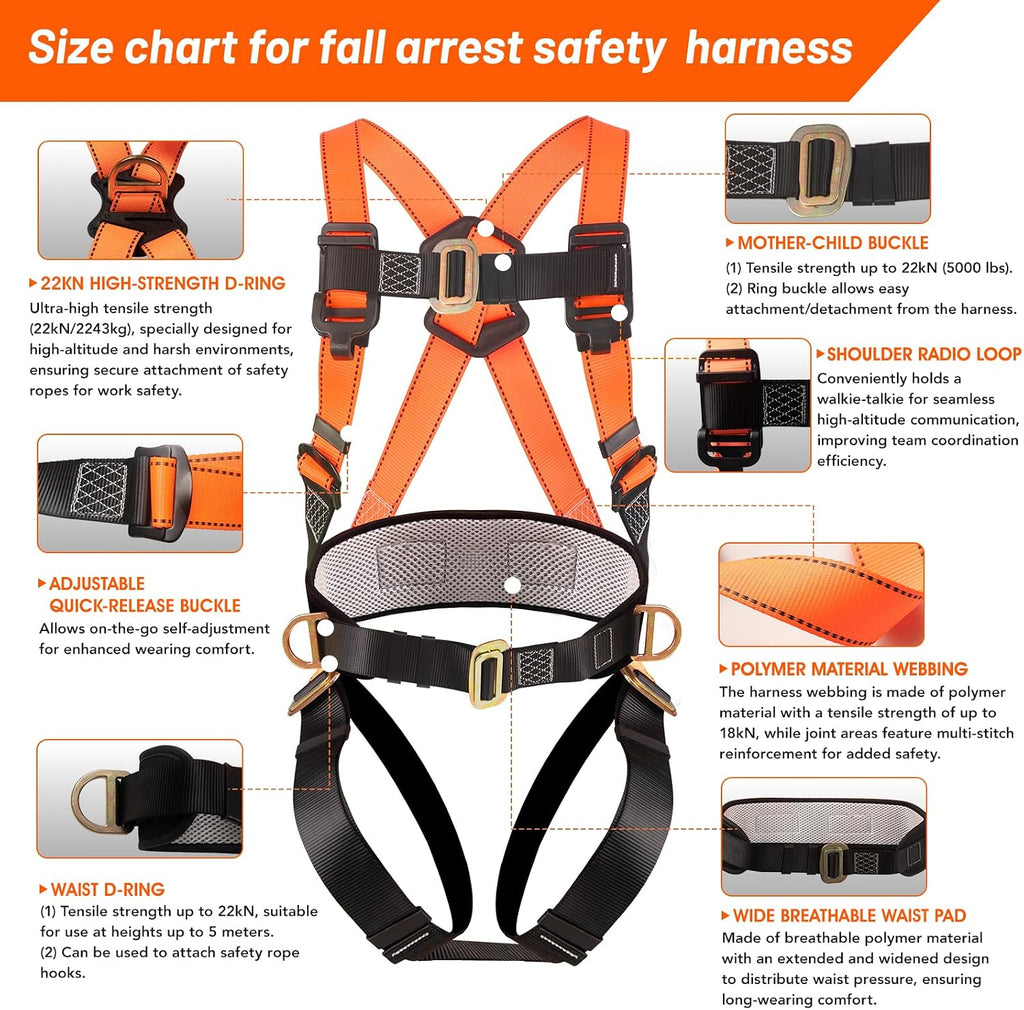 Safety harness fall protection kit, equipped with shock-absorbing ropes