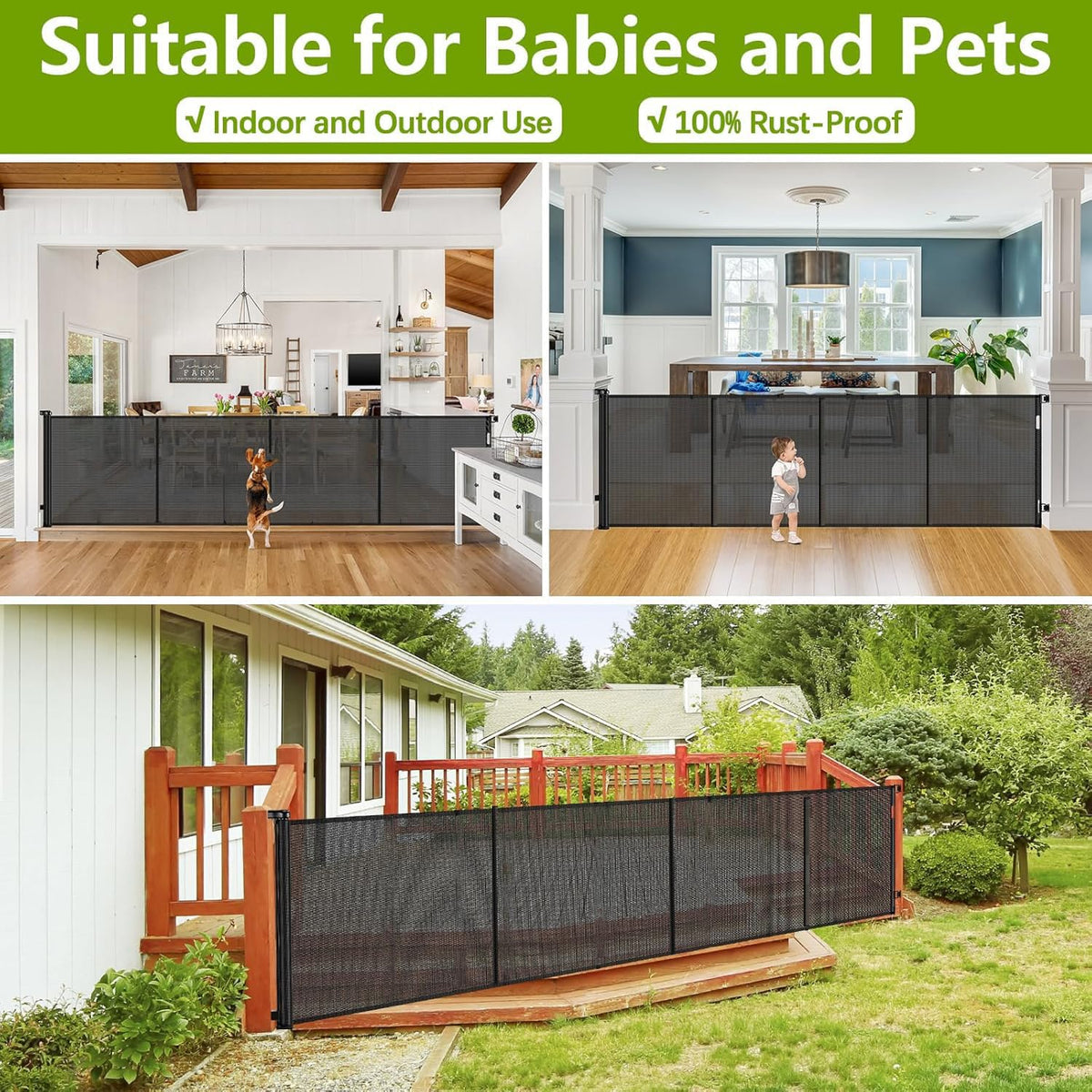42" Tall x 155" Wide Extra-Wide Retractable Indoor/Outdoor Mesh Pet & Child Safety Gate with One-Hand Safety Lock for Wide Openings, Patios & Stairways