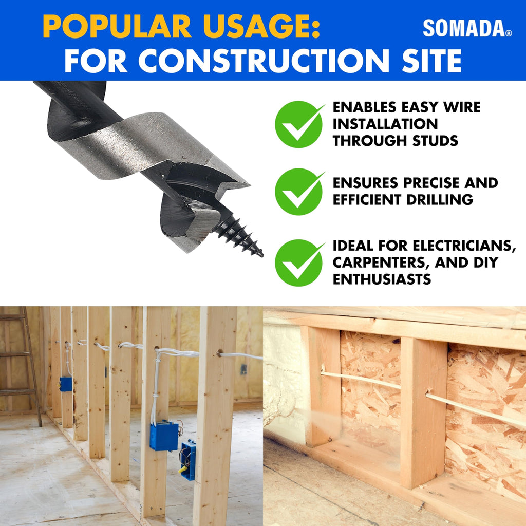 SOMADA 3/8 in x 10 in Auger Drill Bit, Quick Change Hex Shank, Wood