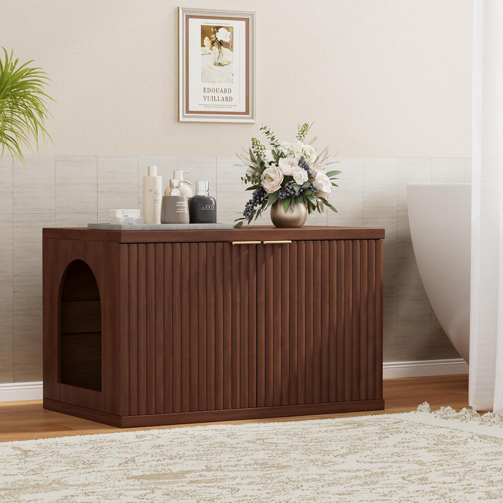 Cat Litter Box Enclosure,Modern Fluted Accent,Reddish Brown