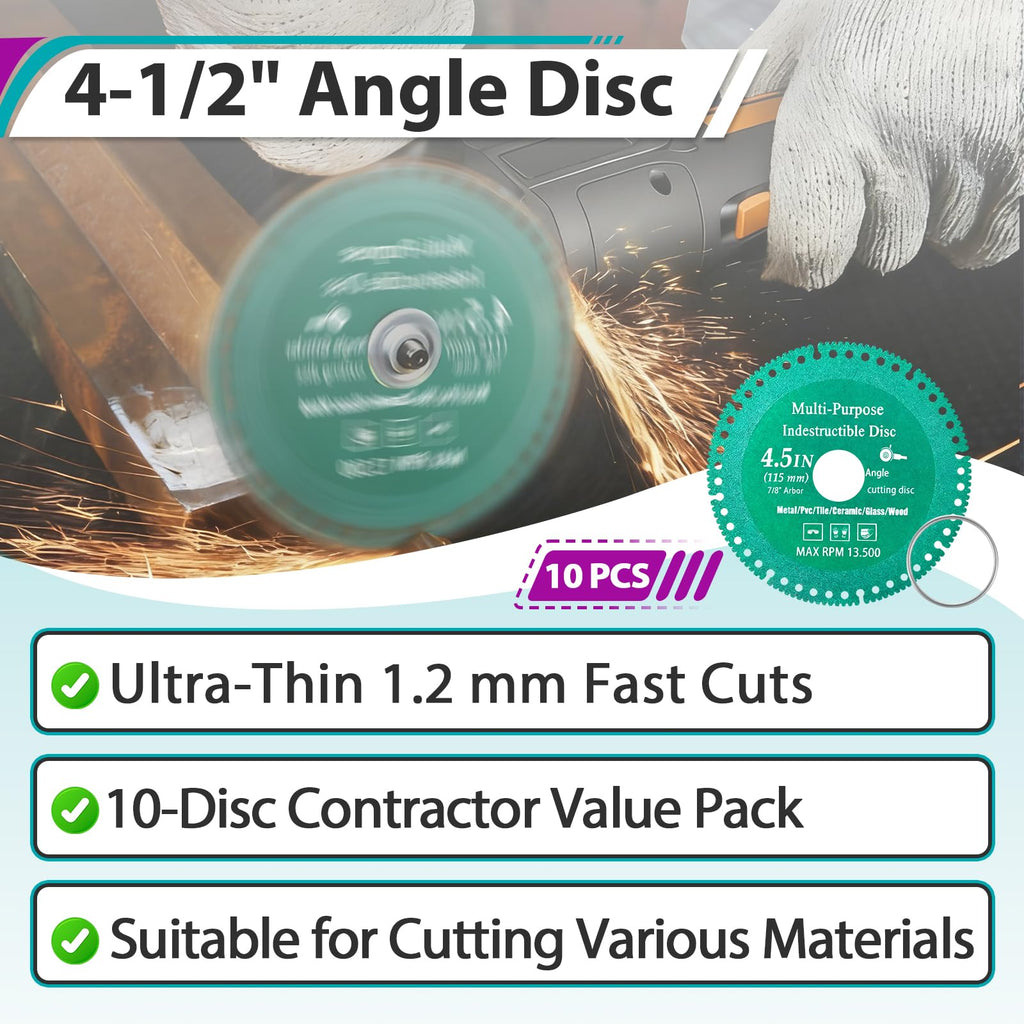 10 Pcs 4-1/2" Indestructible Cutting Discs Angle with 7/8" Arbor