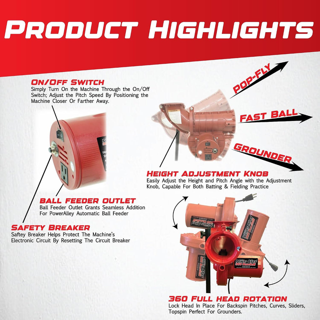 Sports Power Alley Lite 360 Baseball Pitching Machine - Pitches Lite Balls 40-80 MPH Fastballs, Sliders, & Curves |