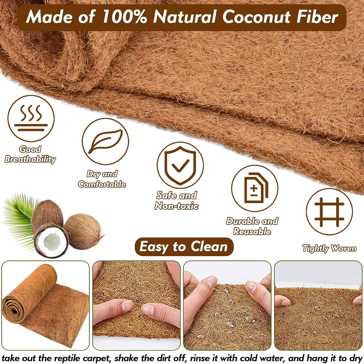 3 Rolls Reptile Carpet 18x36 Inch Coconut Fiber Mat for Tank Bedding