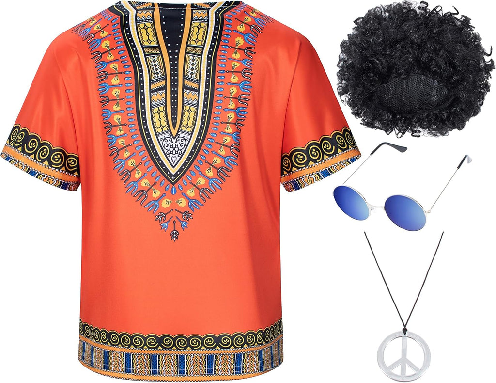 Kids Hippie Costume for Boys Girls 60s 70s 4 Pcs T-Shirt Afro Wig Set
