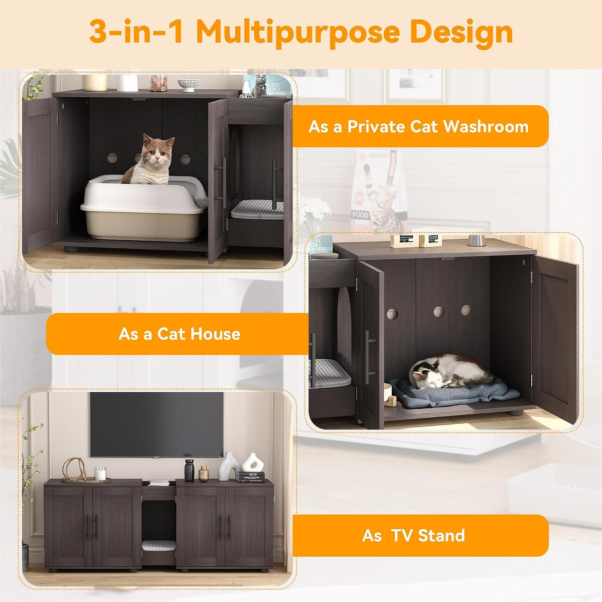 Double Cat Litter Box Enclosure for 2 Cats with Storage, Antique White