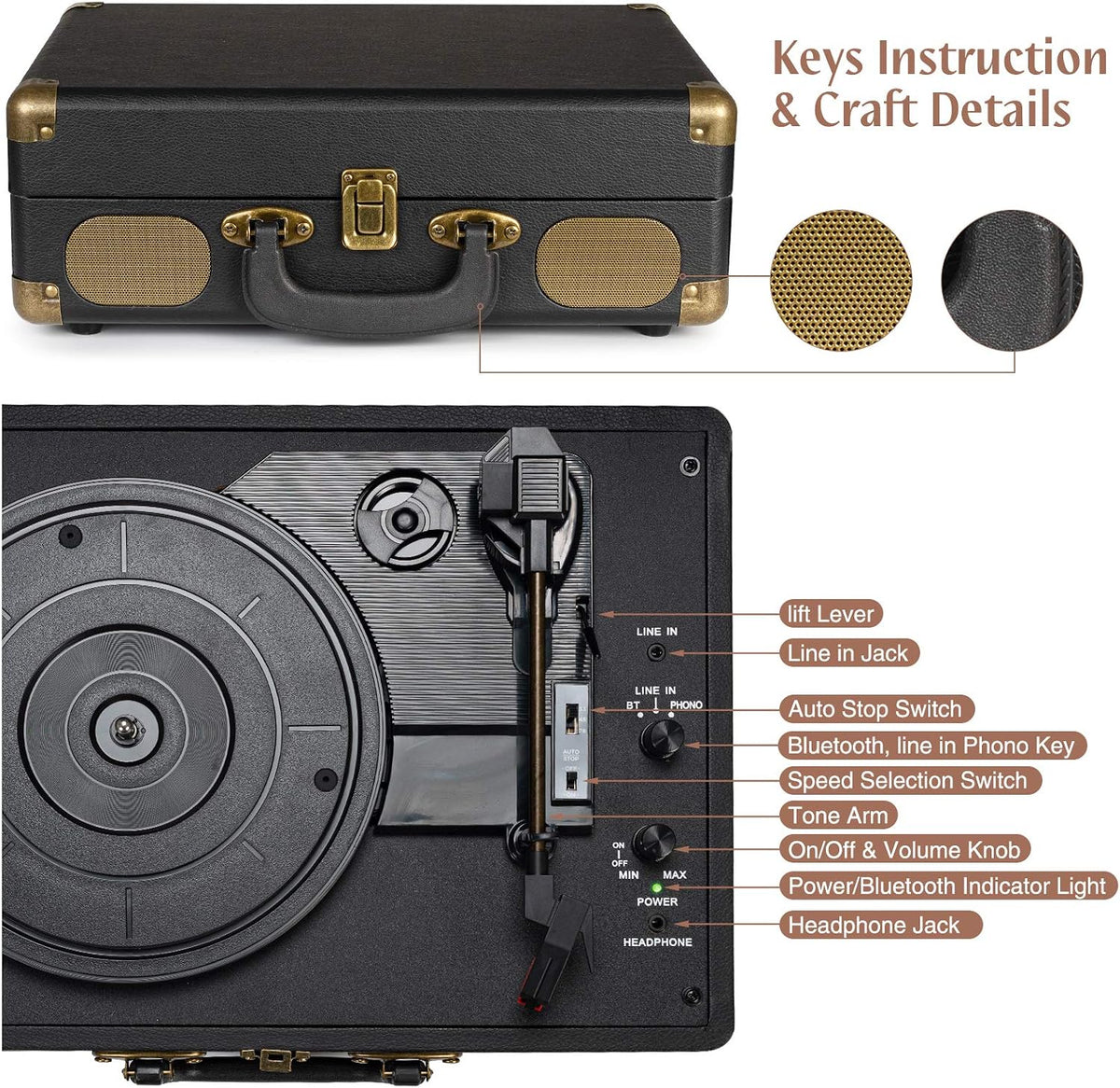Vinyl Record Player with Speakers, Bluetooth Vinyl Player-Black | Portable, 3-Speed BT Turntable, Belt-Driven, RCA