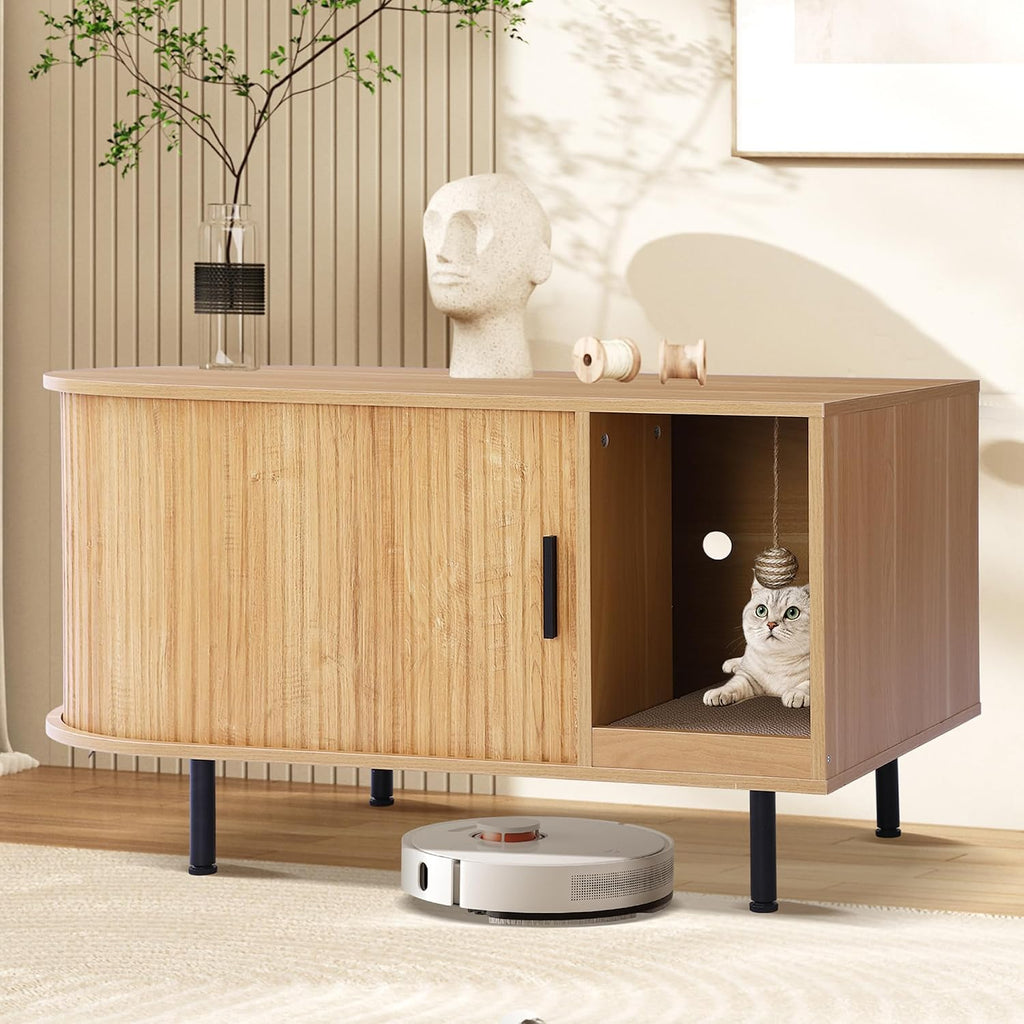 Fluted Cat Litter Box Enclosure with Sliding Door, Scratching Pad